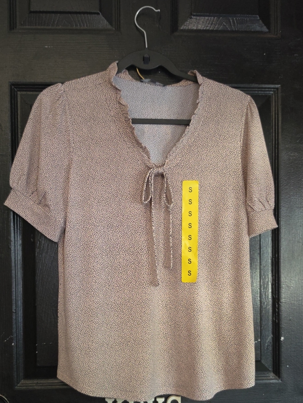 Adrianna Papell Taupe Dot Tie-Neck Short Sleeve Blouse. It Can Fit A Medium.